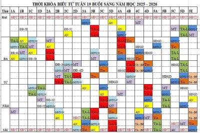 Thời khóa biểu từ tuần 19 Trường Tiểu học Đức Lý xã Nam Xang năm học 2025-2026